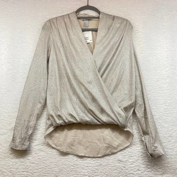H&M Tops - H&M Womens Blouse Metallic Silver 4 V Neck Long Sleeve Wrap Stretch New